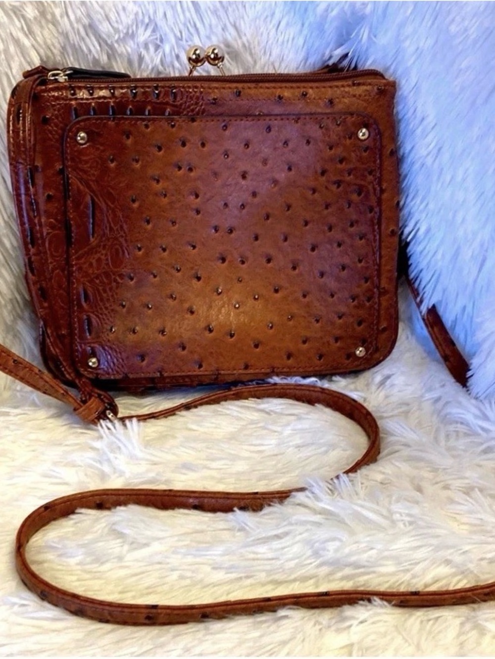 C Est 1946 brown crossbody bag 
ostrich and crocodile-embossed faux leather.